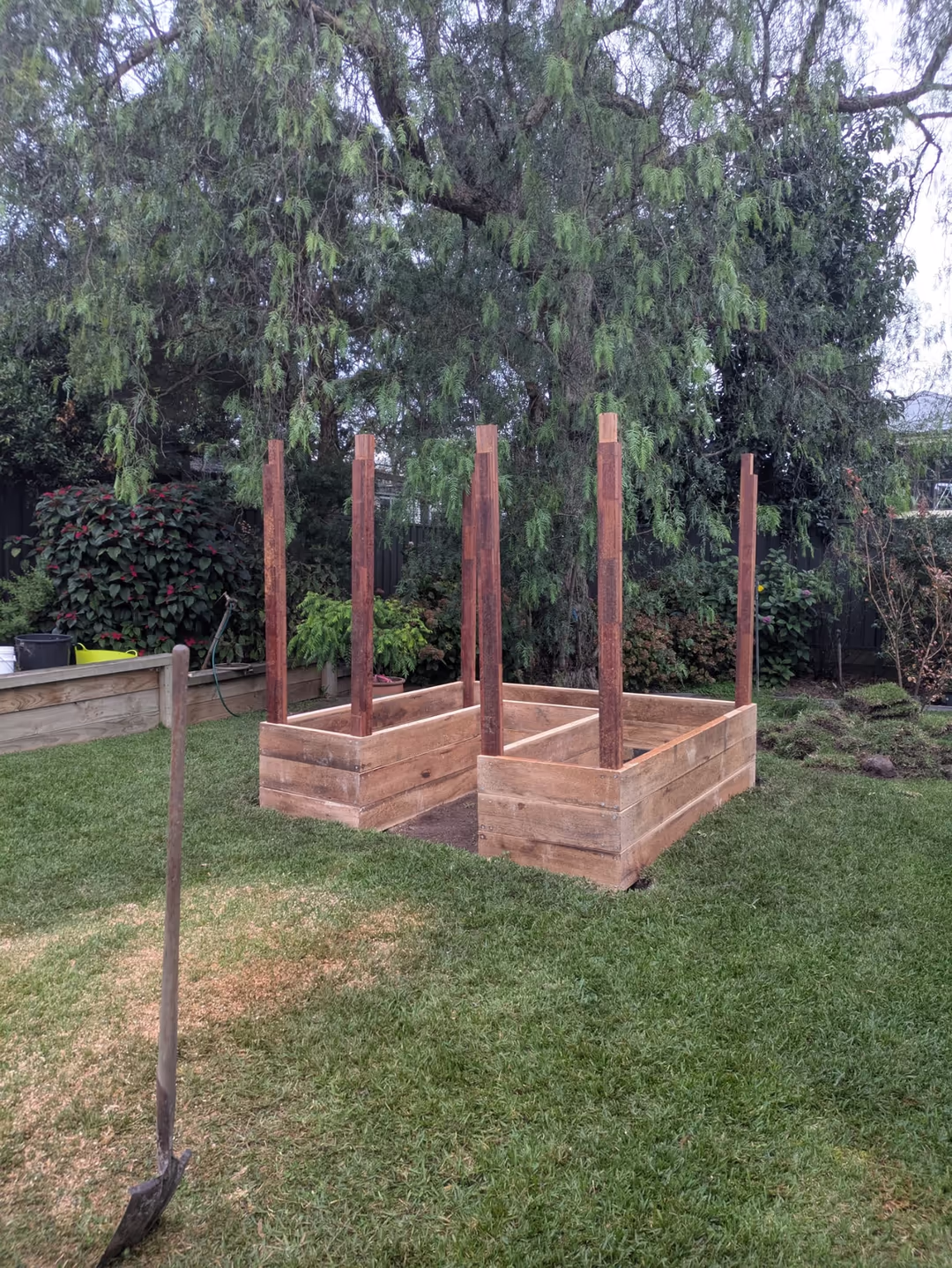 Hardwood planter boxes with corner posts